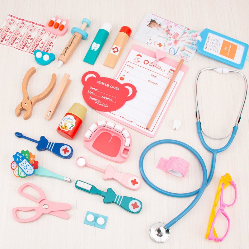 Children&#039;s Wooden Simulation Cloth Bag Medicine Box Baby Boys and Girls Play House Simulation Doctor Injection Toy Gift