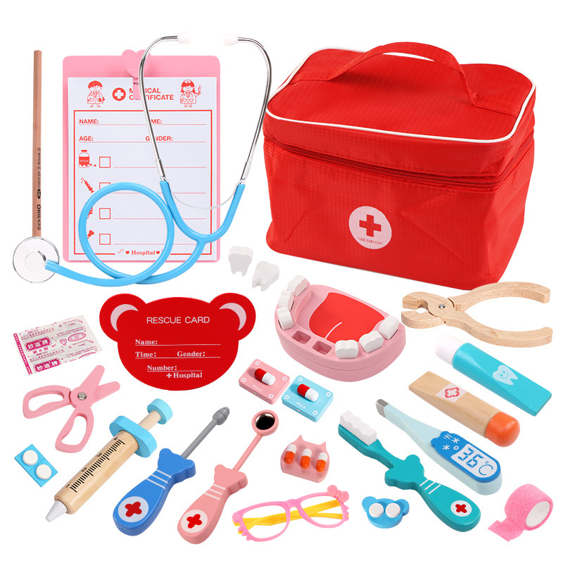 Children&#039;s Wooden Simulation Cloth Bag Medicine Box Baby Boys and Girls Play House Simulation Doctor Injection Toy Gift