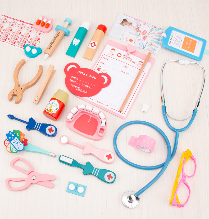 Children's Wooden Simulation Cloth Bag Medicine Box Baby Boys and Girls Play House Simulation Doctor Injection Toy Gift