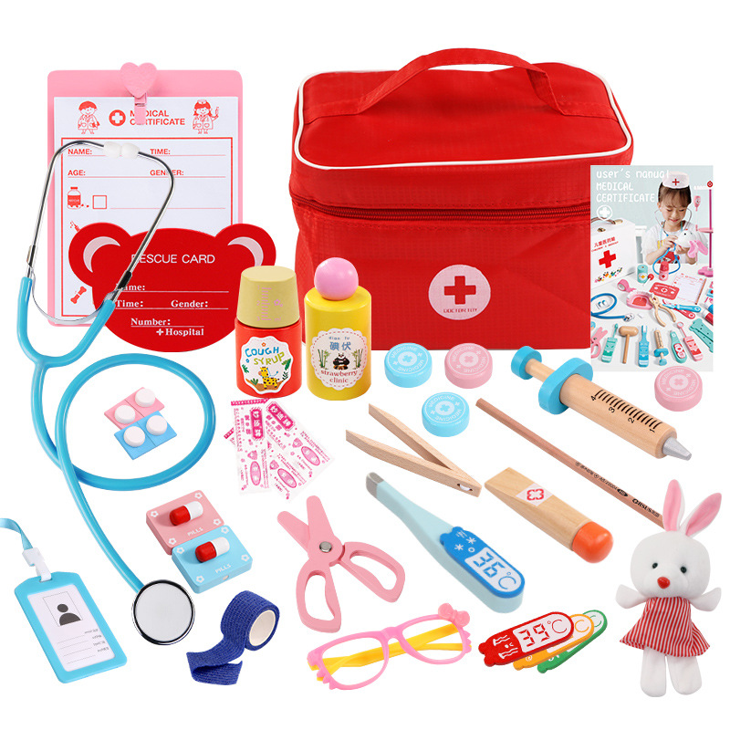 Children&#039;s Wooden Simulation Cloth Bag Medicine Box Baby Boys and Girls Play House Simulation Doctor Injection Toy Gift