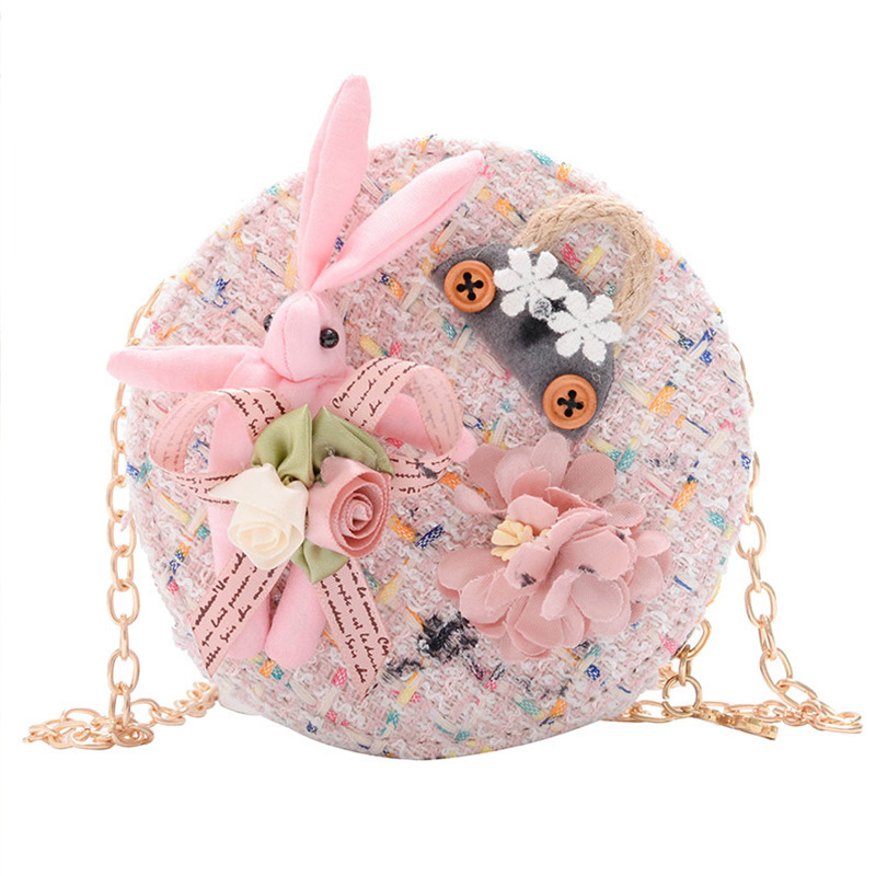 Messenger Bag Bunny Decoration Bag Children&#039;s Bags 2020 New Little Chanel Style Woollen Cloth Small round Bag Princess
