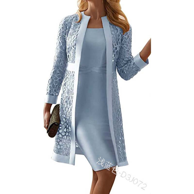 Fall 2020 New Women&#039;s Clothing Solid Color Lace Cardigan Dress Two-Piece Set Amazon Wish Foreign Trade D3j072