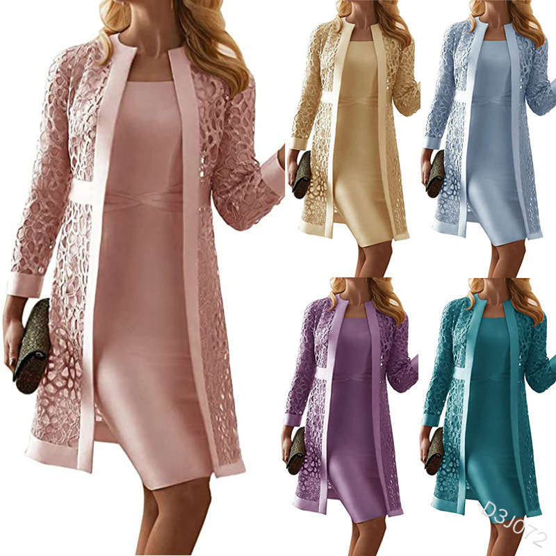 Fall 2020 New Women&#039;s Clothing Solid Color Lace Cardigan Dress Two-Piece Set Amazon Wish Foreign Trade D3j072