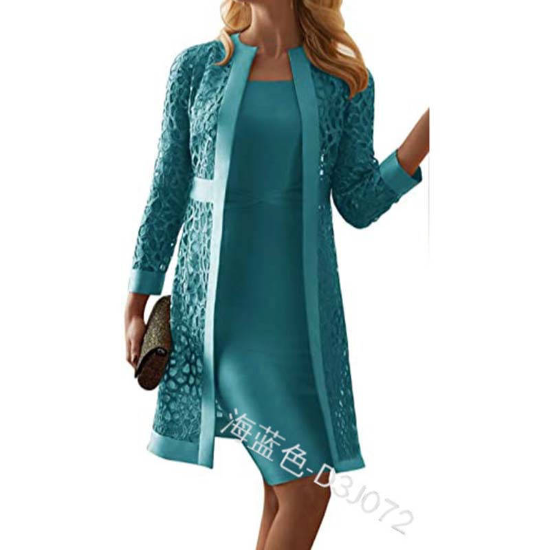 Fall 2020 New Women&#039;s Clothing Solid Color Lace Cardigan Dress Two-Piece Set Amazon Wish Foreign Trade D3j072