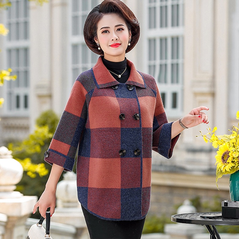 Middle-Aged and Elderly Women&#039;s Clothing Spring and Autumn Lattice Coat Korean Style Wide Lady Mom Wear New Knitted Double Sided Cotton Woolen Cardigan