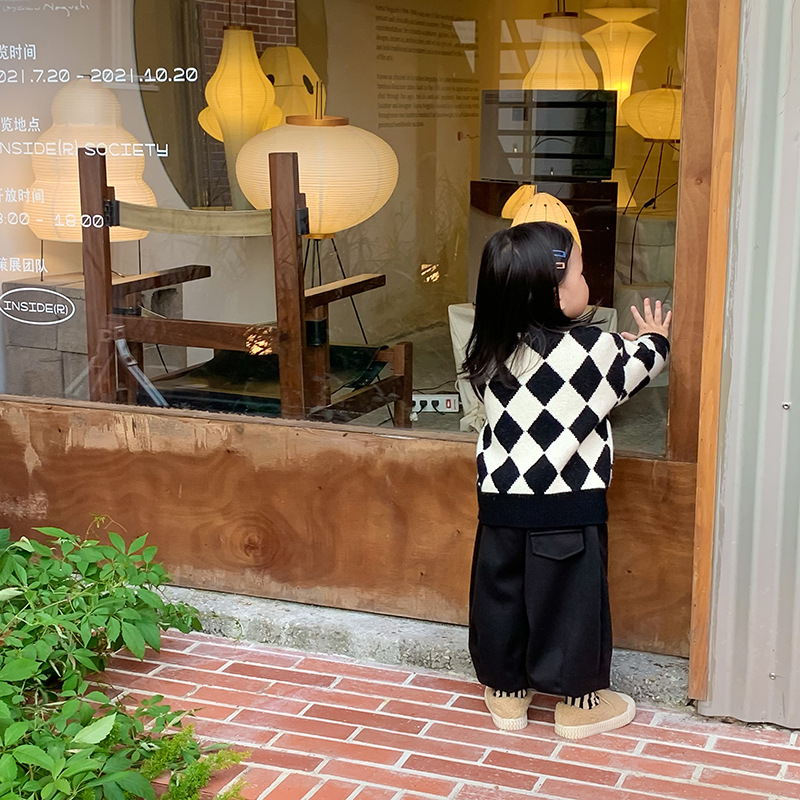 Children&#039;s Plaid Sweater Cardigan 1door Children&#039;s Clothing New Korean Style Boys and Girls Diamond Lattice Wool Cardigan