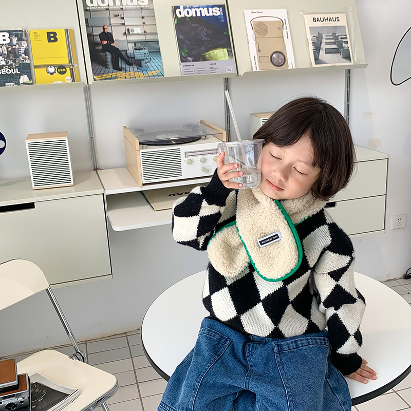 Children&#039;s Plaid Sweater Cardigan 1door Children&#039;s Clothing New Korean Style Boys and Girls Diamond Lattice Wool Cardigan