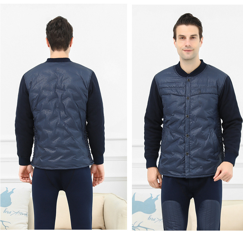 Middle-Aged and Elderly down Thermal Underwear Suit Female Mother Winter Men's Cardigan Fleece-Lined Thickened Elderly Autumn Clothes Long Pants