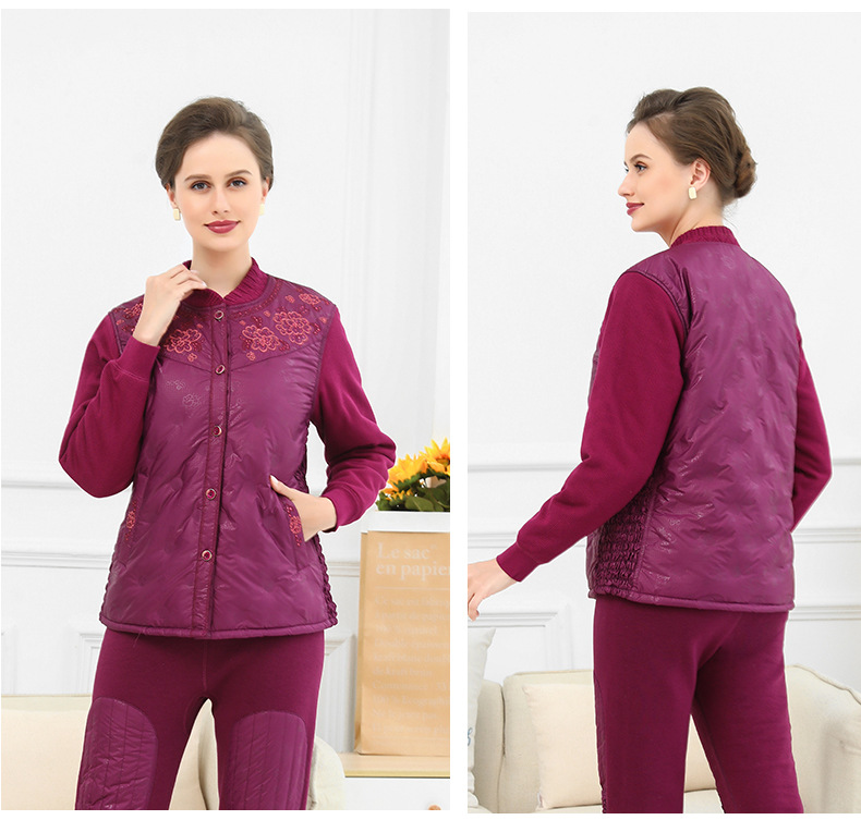 Middle-Aged and Elderly down Thermal Underwear Suit Female Mother Winter Men's Cardigan Fleece-Lined Thickened Elderly Autumn Clothes Long Pants