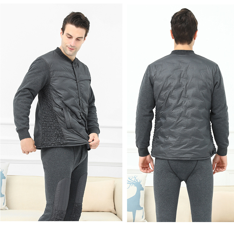 Middle-Aged and Elderly down Thermal Underwear Suit Female Mother Winter Men's Cardigan Fleece-Lined Thickened Elderly Autumn Clothes Long Pants
