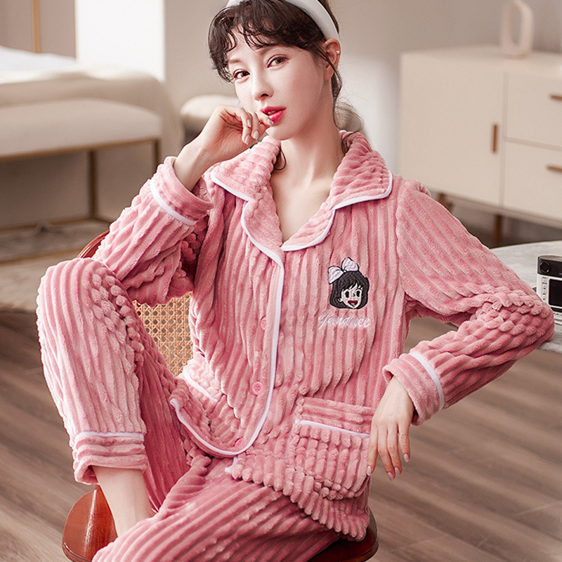 Autumn and Winter Pajamas Women&#039;s Suit Thickened Flannel Confinement Clothing Long Sleeve Home Wear Cardigan Coral Fleece Loose Two-Piece Suit