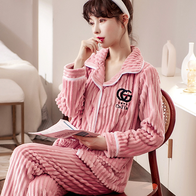 Autumn and Winter Pajamas Women&#039;s Suit Thickened Flannel Confinement Clothing Long Sleeve Home Wear Cardigan Coral Fleece Loose Two-Piece Suit