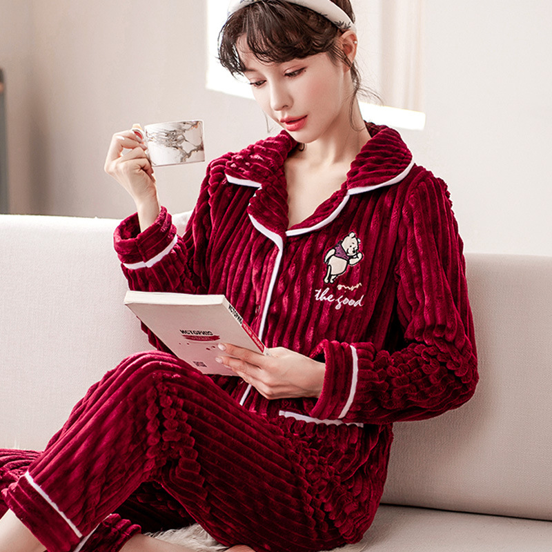 Autumn and Winter Pajamas Women&#039;s Suit Thickened Flannel Confinement Clothing Long Sleeve Home Wear Cardigan Coral Fleece Loose Two-Piece Suit