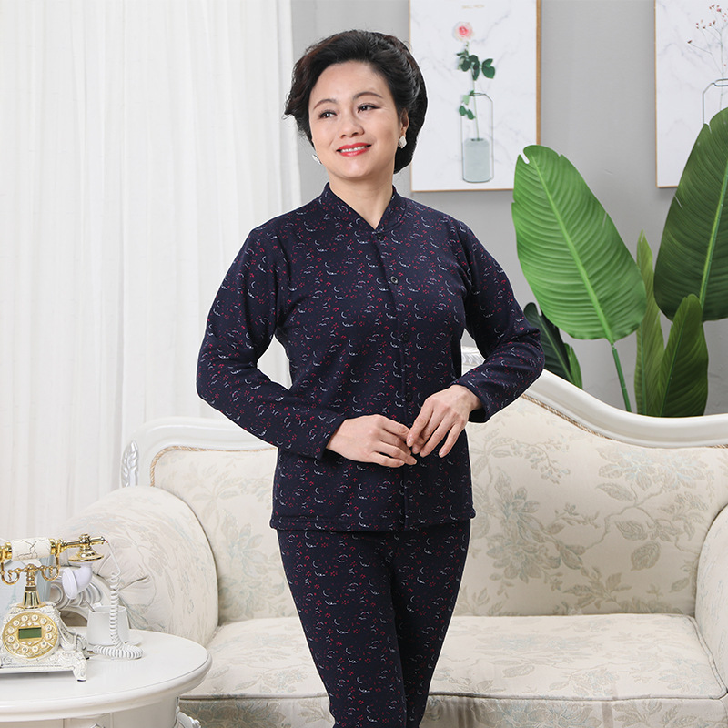 Middle-Aged and Elderly Thermal Underwear Autumn and Winter Thickened Fleece Cardigan Suit Mother&#039;s Cardigan Can Be Worn outside Women&#039;s