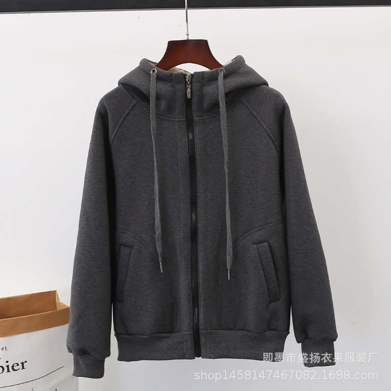 Velvet Padded Thickened Sweater Women&#039;s Autumn and Winter New Loose plus Size Zipper Warm Top Lambswool Hooded Coat Cardigan