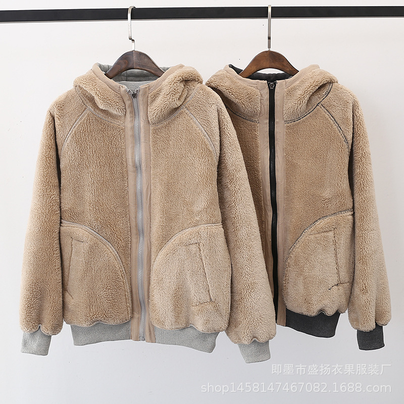Velvet Padded Thickened Sweater Women's Autumn and Winter New Loose plus Size Zipper Warm Top Lambswool Hooded Coat Cardigan