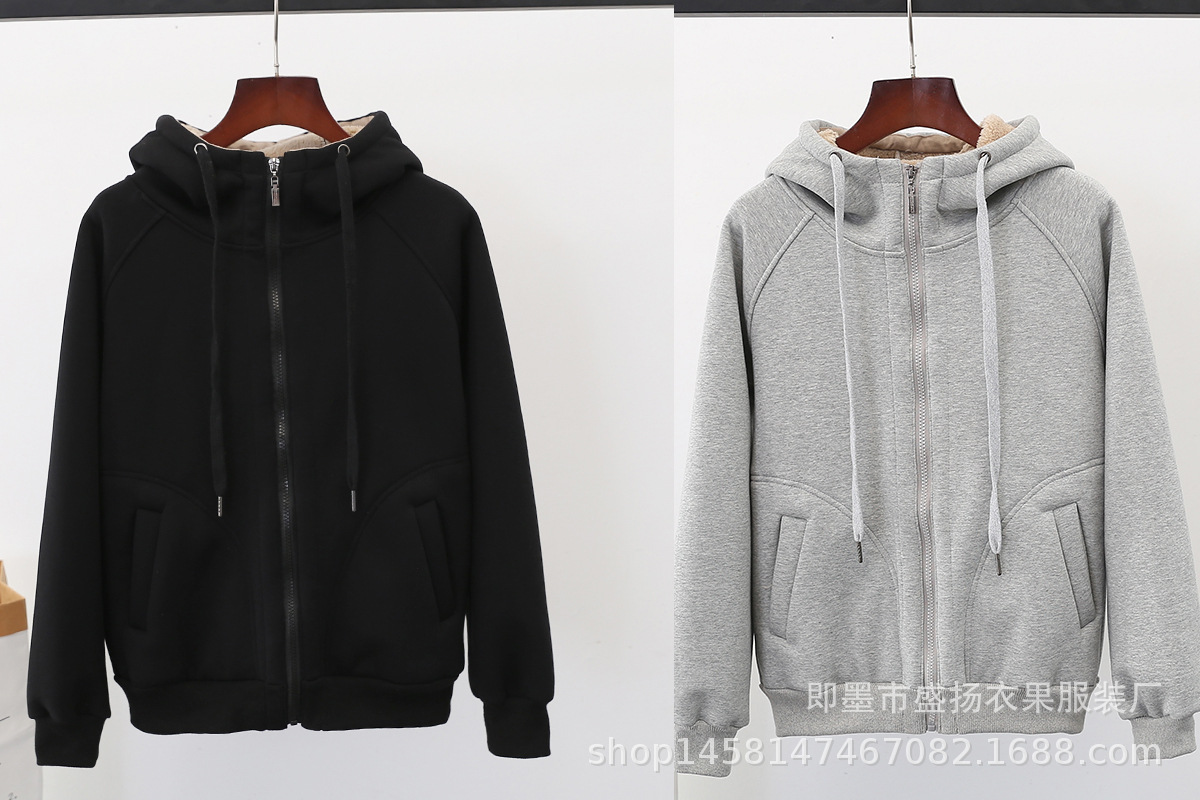 Velvet Padded Thickened Sweater Women's Autumn and Winter New Loose plus Size Zipper Warm Top Lambswool Hooded Coat Cardigan