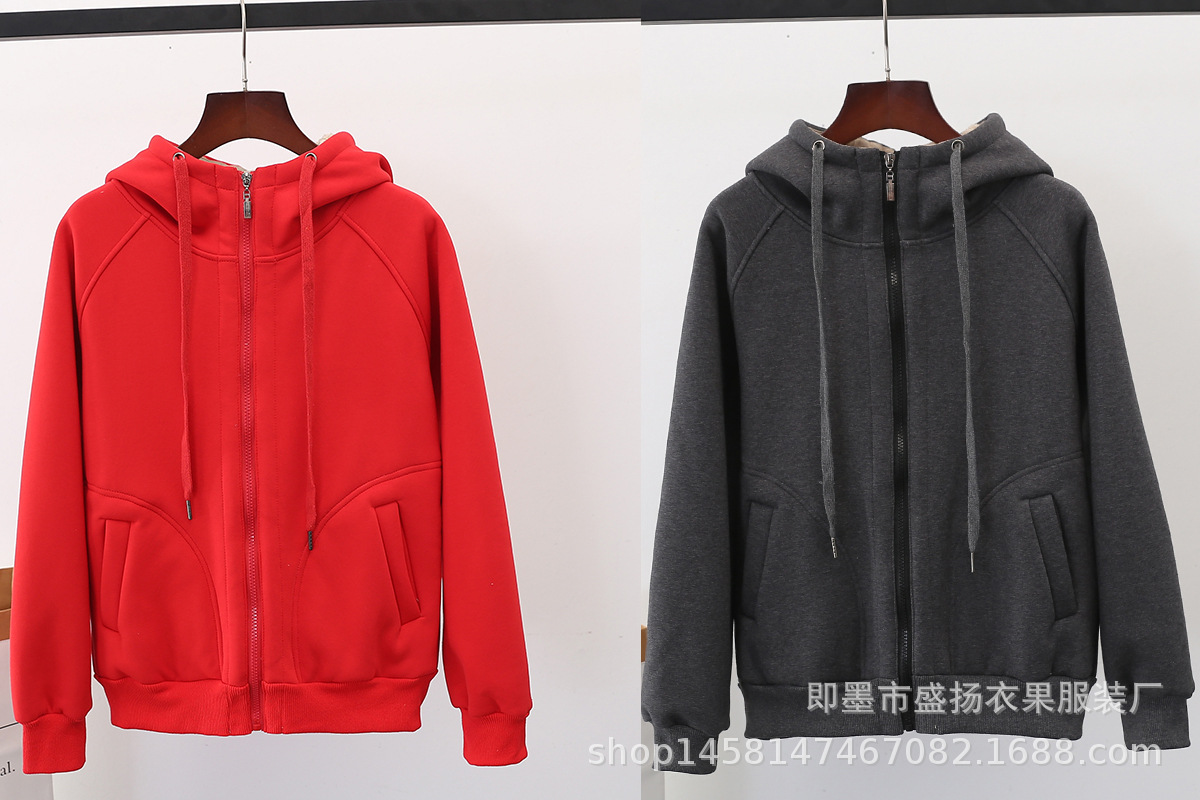 Velvet Padded Thickened Sweater Women's Autumn and Winter New Loose plus Size Zipper Warm Top Lambswool Hooded Coat Cardigan