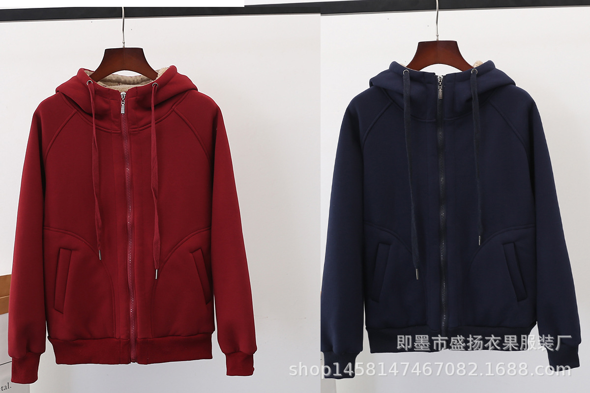 Velvet Padded Thickened Sweater Women's Autumn and Winter New Loose plus Size Zipper Warm Top Lambswool Hooded Coat Cardigan