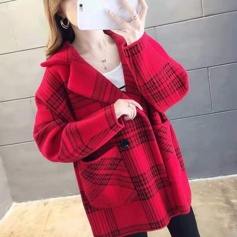 Woolen Coat for Women Autumn and Winter New Korean Style Plaid Suit Collar British Style Retro Double-Sided Woolen Coat Cardigan Fashion