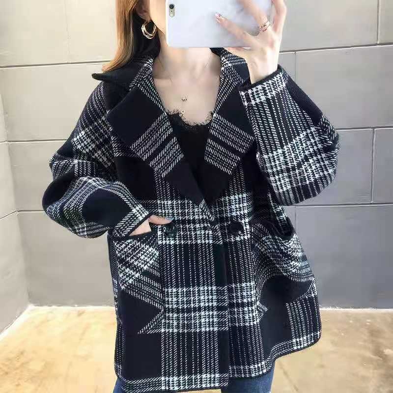 Woolen Coat for Women Autumn and Winter New Korean Style Plaid Suit Collar British Style Retro Double-Sided Woolen Coat Cardigan Fashion