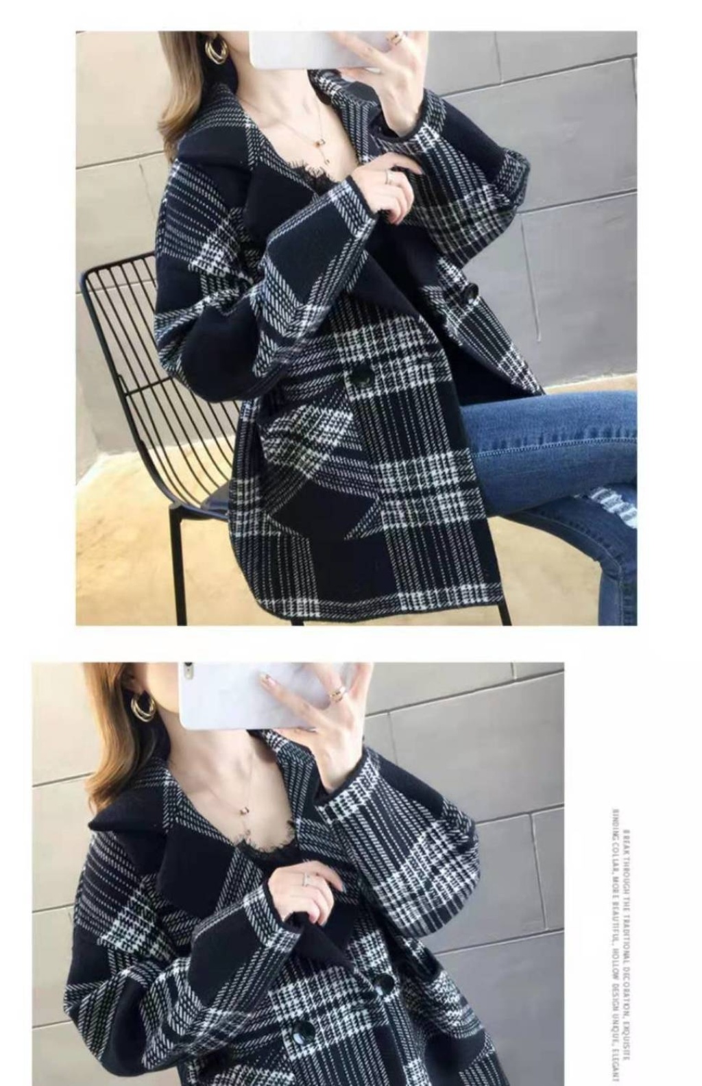 Woolen Coat for Women Autumn and Winter New Korean Style Plaid Suit Collar British Style Retro Double-Sided Woolen Coat Cardigan Fashion