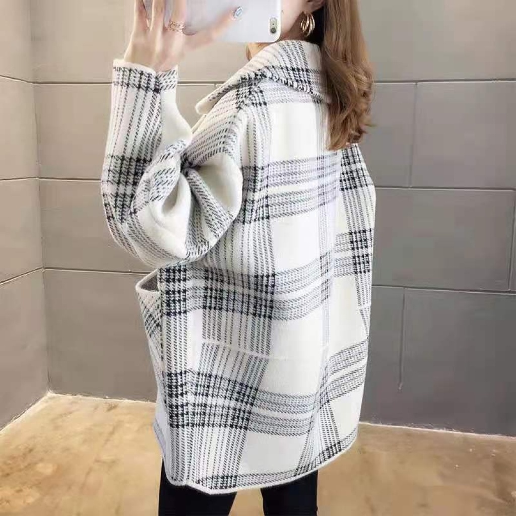 Woolen Coat for Women Autumn and Winter New Korean Style Plaid Suit Collar British Style Retro Double-Sided Woolen Coat Cardigan Fashion