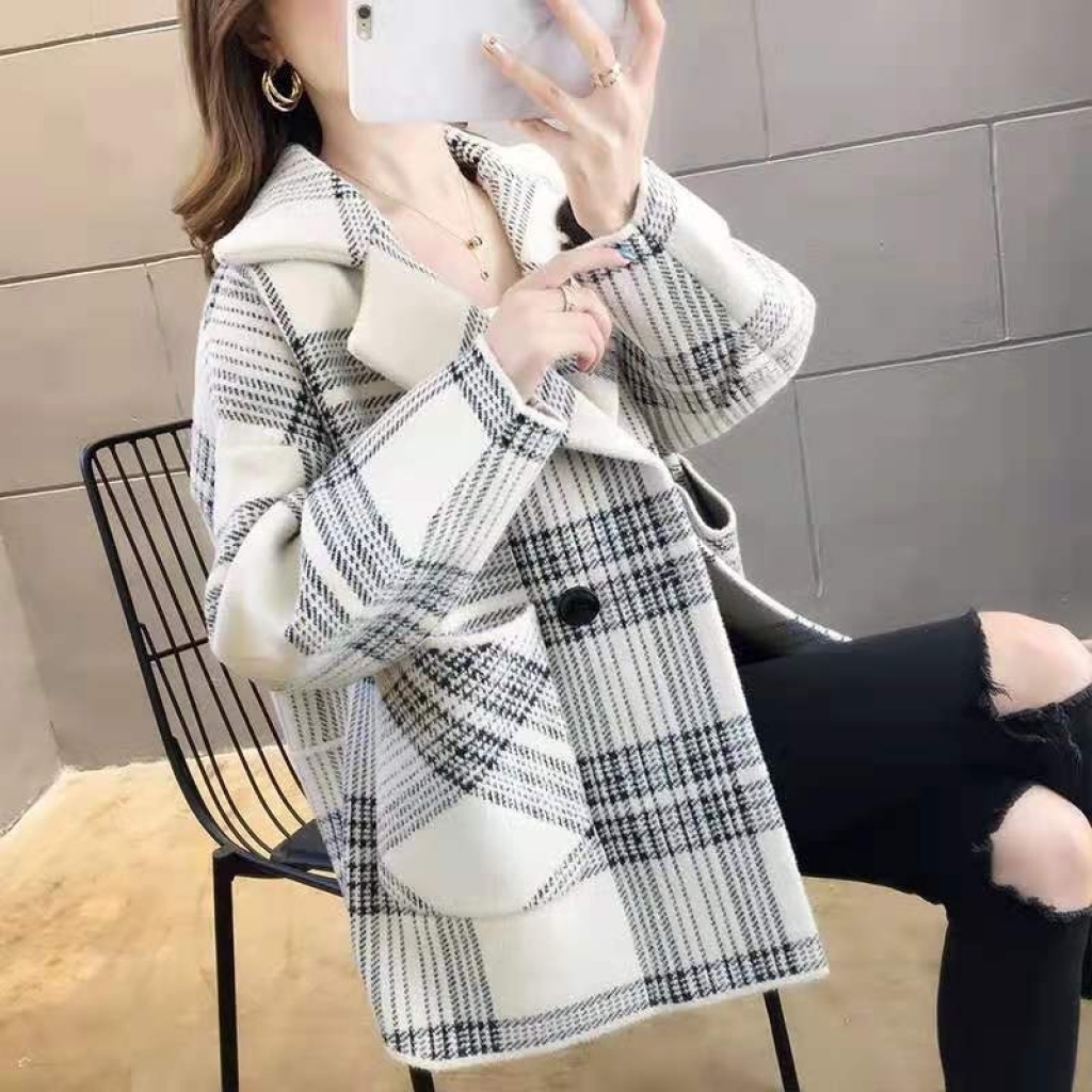 Woolen Coat for Women Autumn and Winter New Korean Style Plaid Suit Collar British Style Retro Double-Sided Woolen Coat Cardigan Fashion