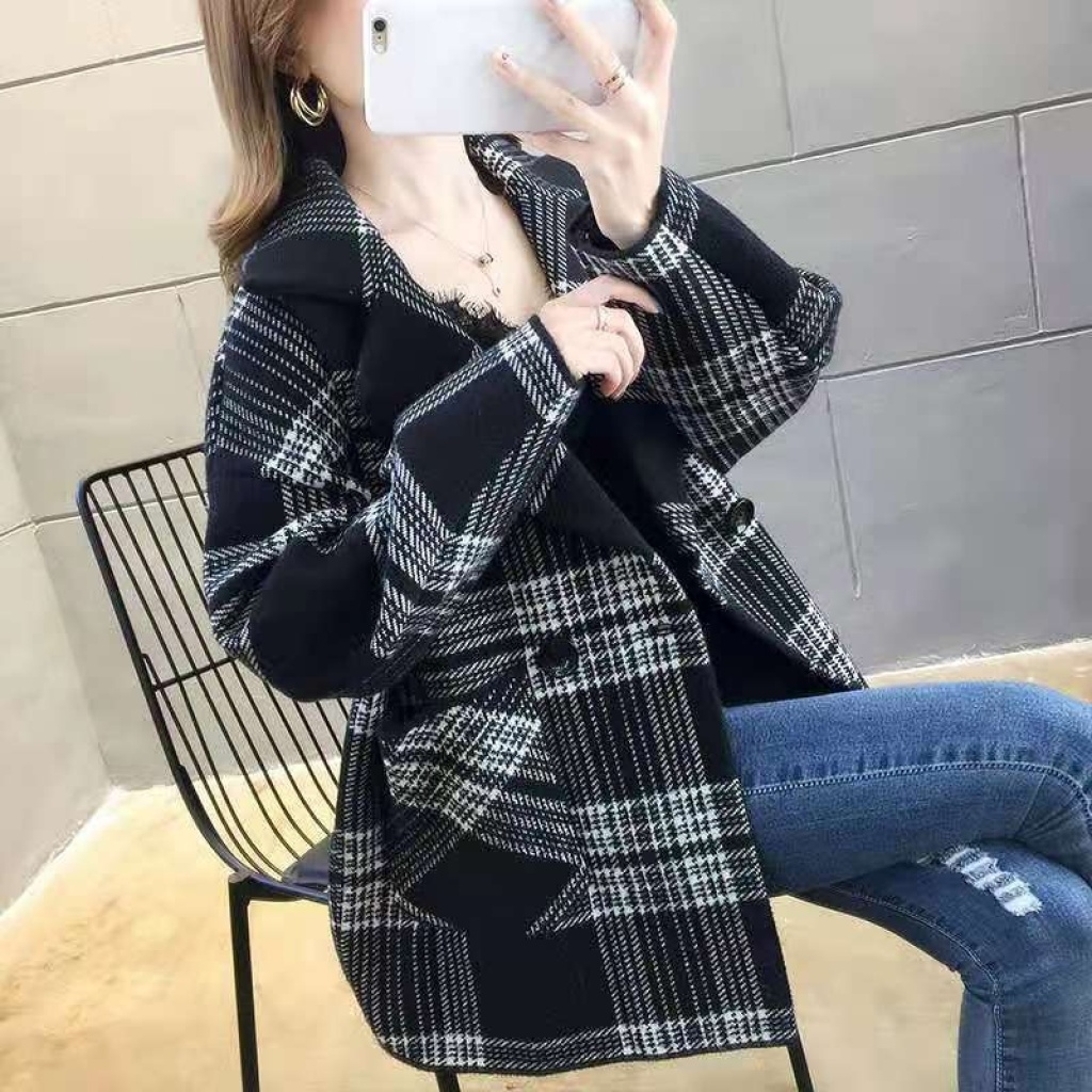 Woolen Coat for Women Autumn and Winter New Korean Style Plaid Suit Collar British Style Retro Double-Sided Woolen Coat Cardigan Fashion