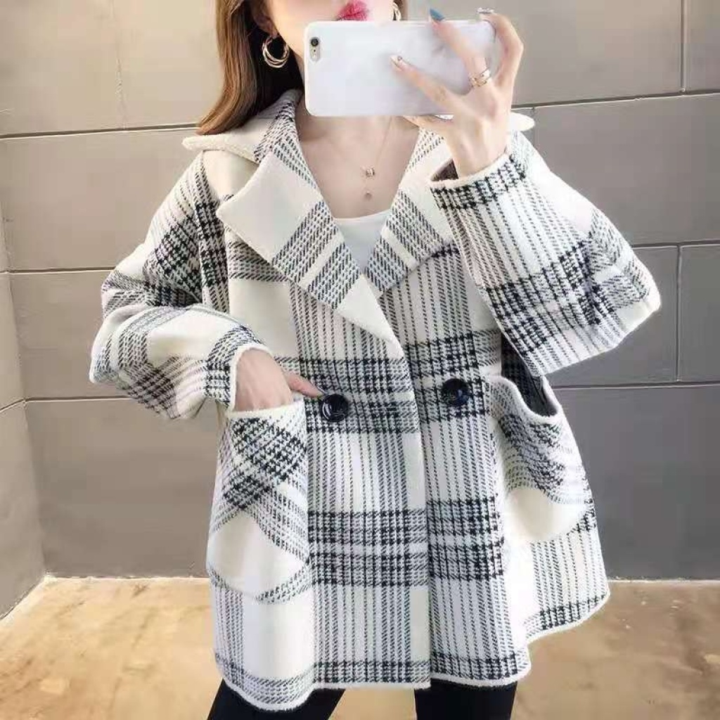 Woolen Coat for Women Autumn and Winter New Korean Style Plaid Suit Collar British Style Retro Double-Sided Woolen Coat Cardigan Fashion