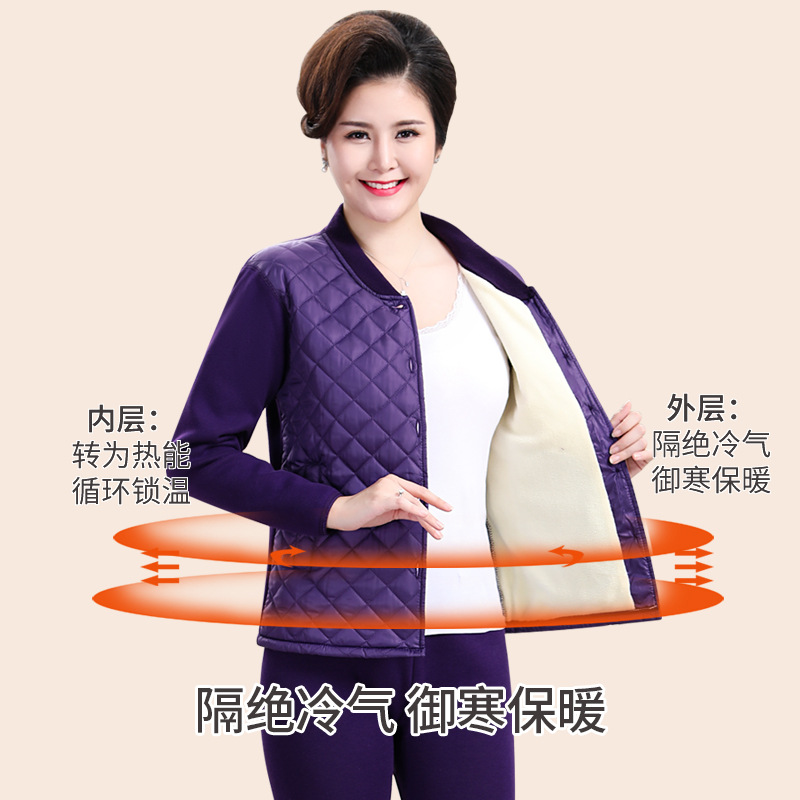 New Middle-Aged and Elderly Cardigan Feather Cotton Thermal Underwear Dad Fleece Thick Autumn Clothes Long Johns Mother Cardigan Placket