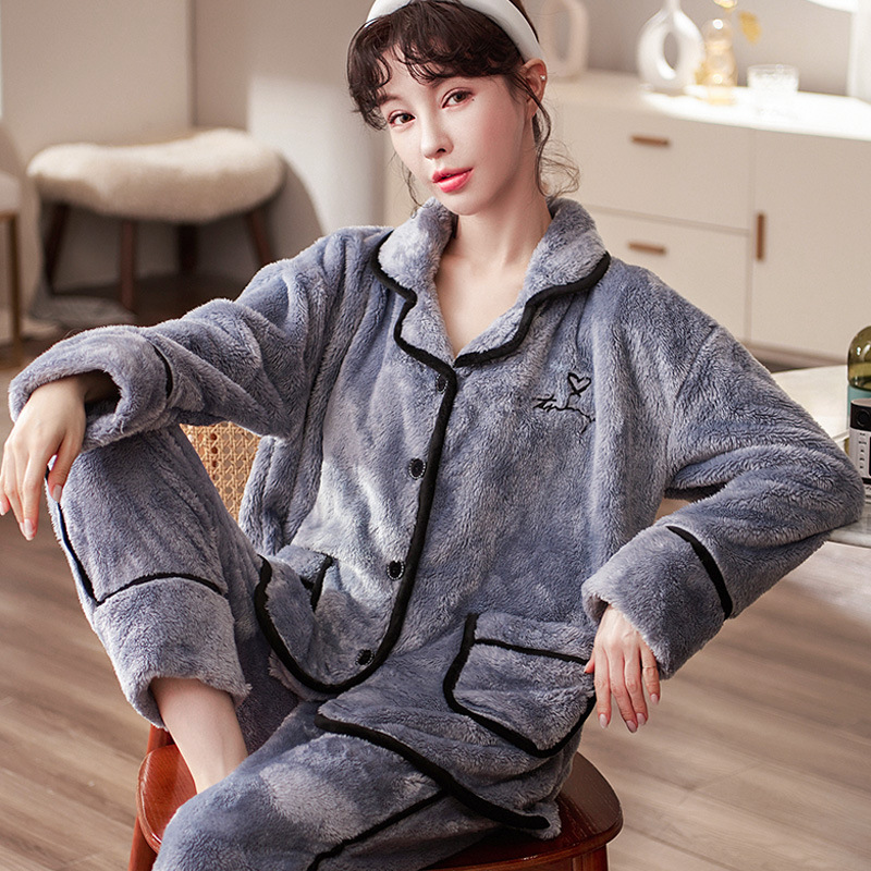 Autumn and Winter Women&#039;s Pajamas Thickened Velvet Coral Fleece Long Sleeve Confinement Clothing Two-Piece Set Korean Cardigan Homewear Suit