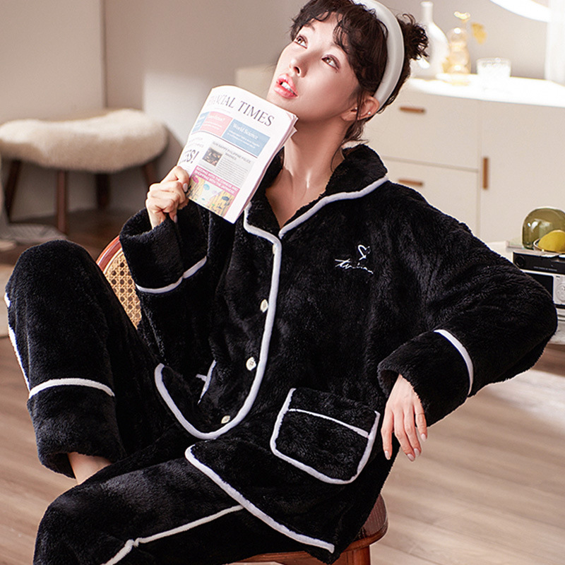 Autumn and Winter Women&#039;s Pajamas Thickened Velvet Coral Fleece Long Sleeve Confinement Clothing Two-Piece Set Korean Cardigan Homewear Suit