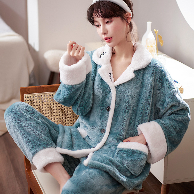 Autumn and Winter Women&#039;s Pajamas Thickened Velvet Coral Fleece Long Sleeve Confinement Clothing Two-Piece Set Korean Cardigan Homewear Suit