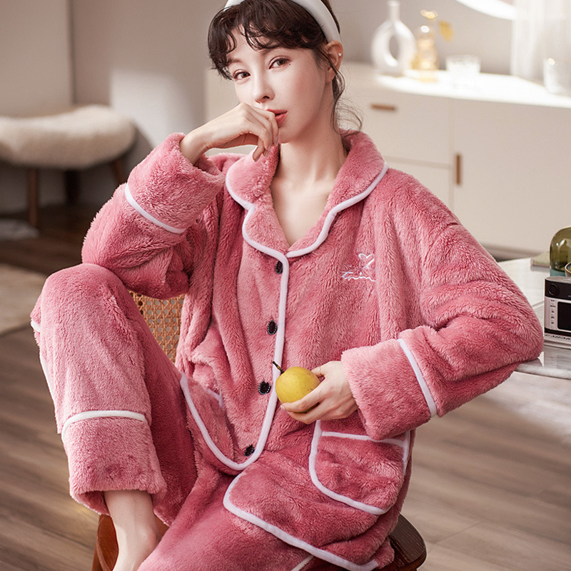 Autumn and Winter Women&#039;s Pajamas Thickened Velvet Coral Fleece Long Sleeve Confinement Clothing Two-Piece Set Korean Cardigan Homewear Suit