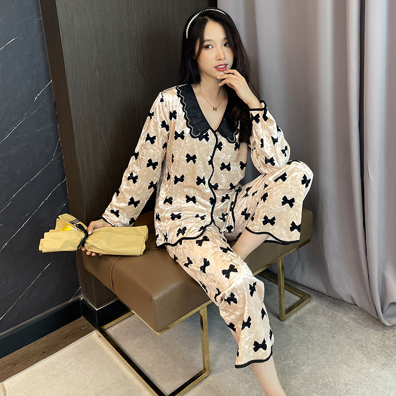 Gold Velvet Pajamas Women&#039;s Butterfly Pattern Cute Pajamas TikTok Hot Long-Sleeved Trousers Women&#039;s Pajamas