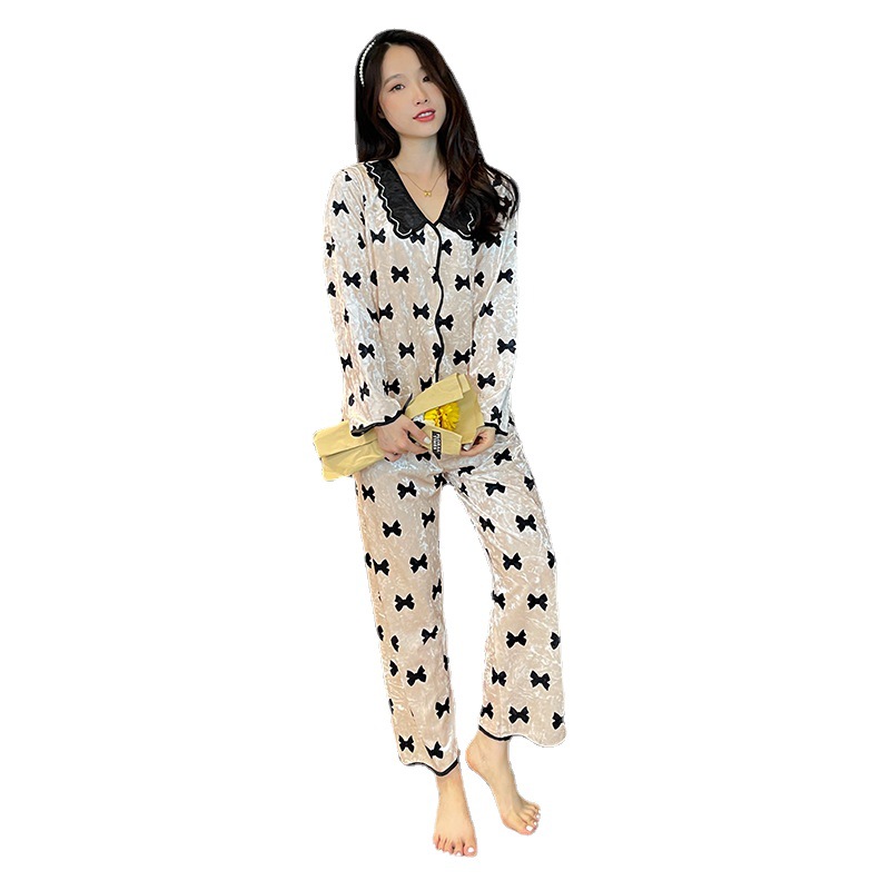 Gold Velvet Pajamas Women&#039;s Butterfly Pattern Cute Pajamas TikTok Hot Long-Sleeved Trousers Women&#039;s Pajamas