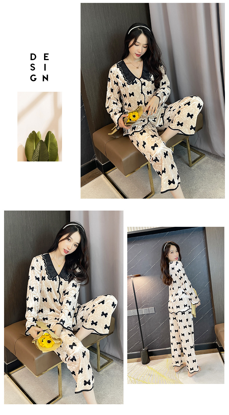 Gold Velvet Pajamas Women's Butterfly Pattern Cute Pajamas TikTok Hot Long-Sleeved Trousers Women's Pajamas