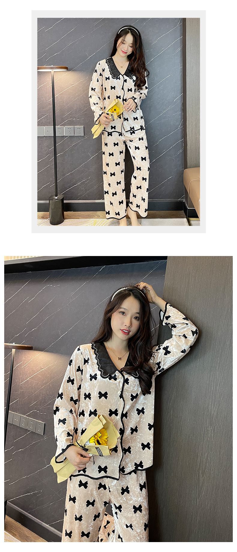 Gold Velvet Pajamas Women's Butterfly Pattern Cute Pajamas TikTok Hot Long-Sleeved Trousers Women's Pajamas