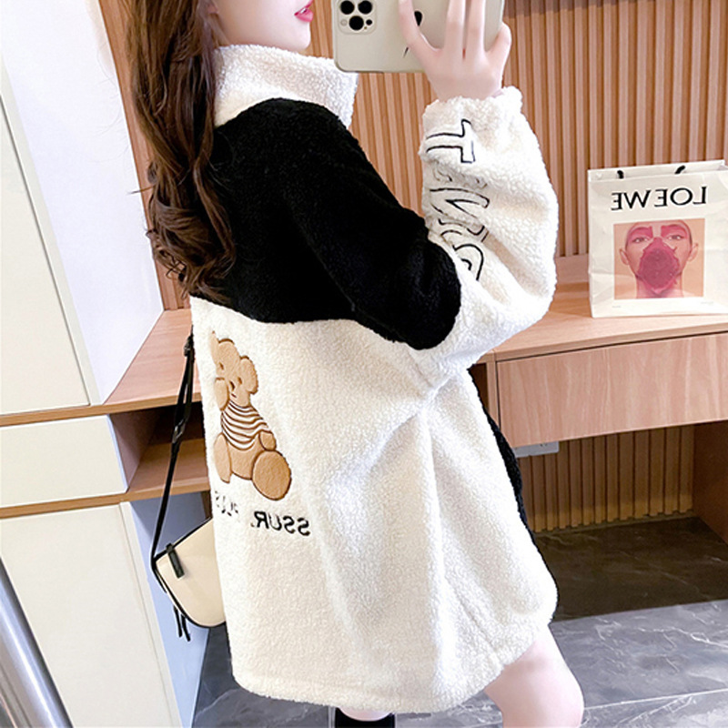 Fleece-Lined Thickening Stand Collar Lamb Wool Cardigan Coat for Women 2021 Autumn and Winter Loose Korean Style Mid-Length Design Blouse