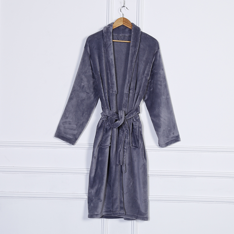 Zhendong Couple Korean Style Autumn and Winter Long Pajamas Home Wear Flannel Solid Color Bathrobe in Stock
