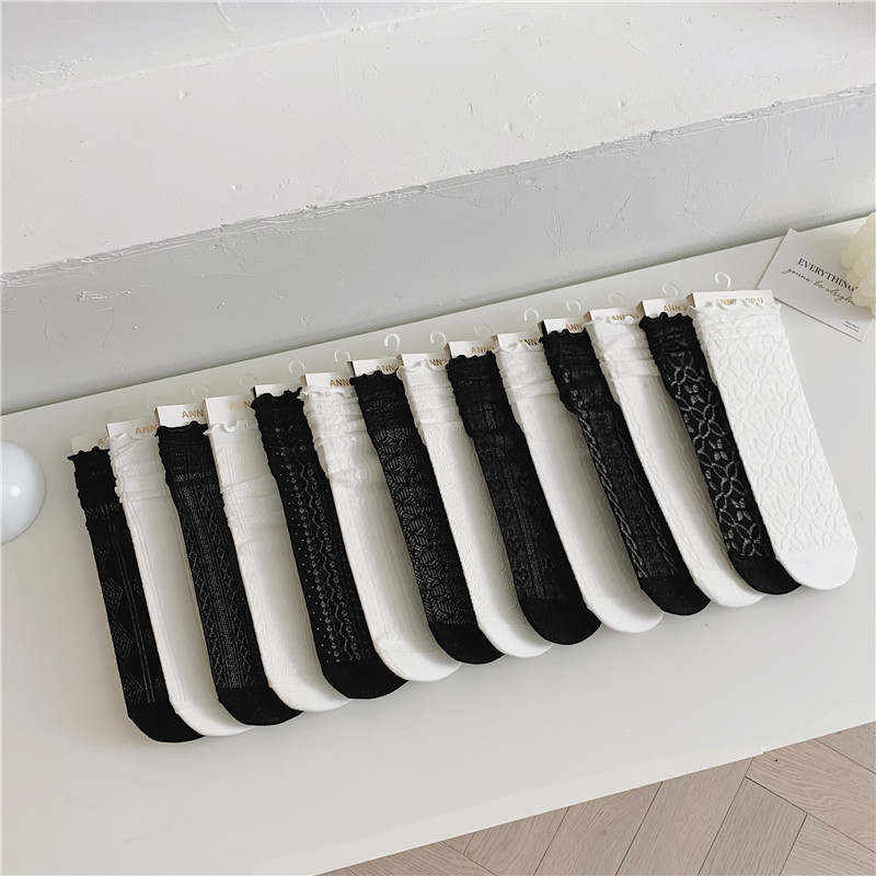 JK Style Socks Women's Spring and Summer Ultra-Thin Lolita Female Clothes in Black and White Tube Socks Twist Diamond Lattice Stockings Ins Fashion