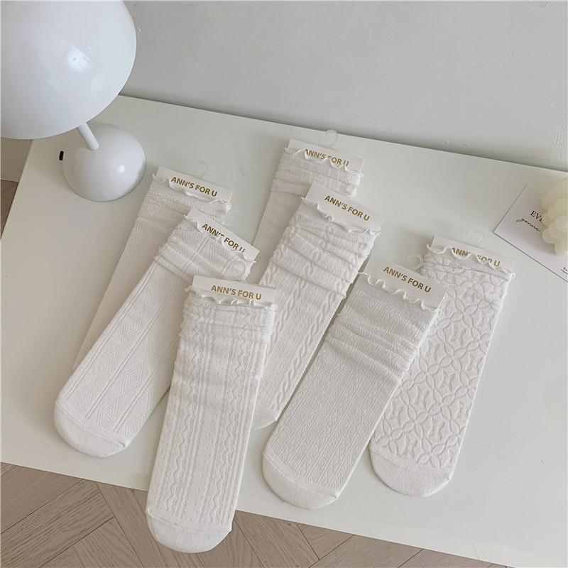 JK Style Socks Women's Spring and Summer Ultra-Thin Lolita Female Clothes in Black and White Tube Socks Twist Diamond Lattice Stockings Ins Fashion