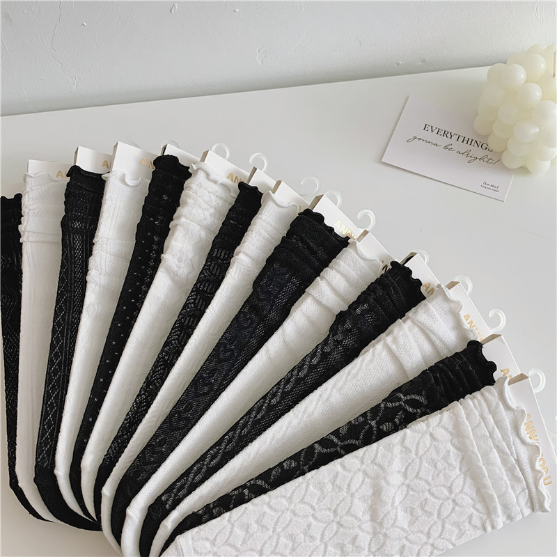 JK Style Socks Women's Spring and Summer Ultra-Thin Lolita Female Clothes in Black and White Tube Socks Twist Diamond Lattice Stockings Ins Fashion