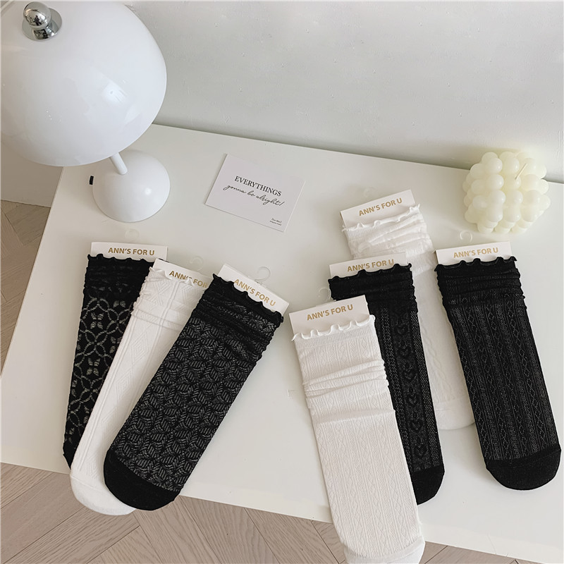 JK Style Socks Women's Spring and Summer Ultra-Thin Lolita Female Clothes in Black and White Tube Socks Twist Diamond Lattice Stockings Ins Fashion