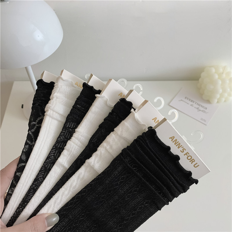 JK Style Socks Women's Spring and Summer Ultra-Thin Lolita Female Clothes in Black and White Tube Socks Twist Diamond Lattice Stockings Ins Fashion