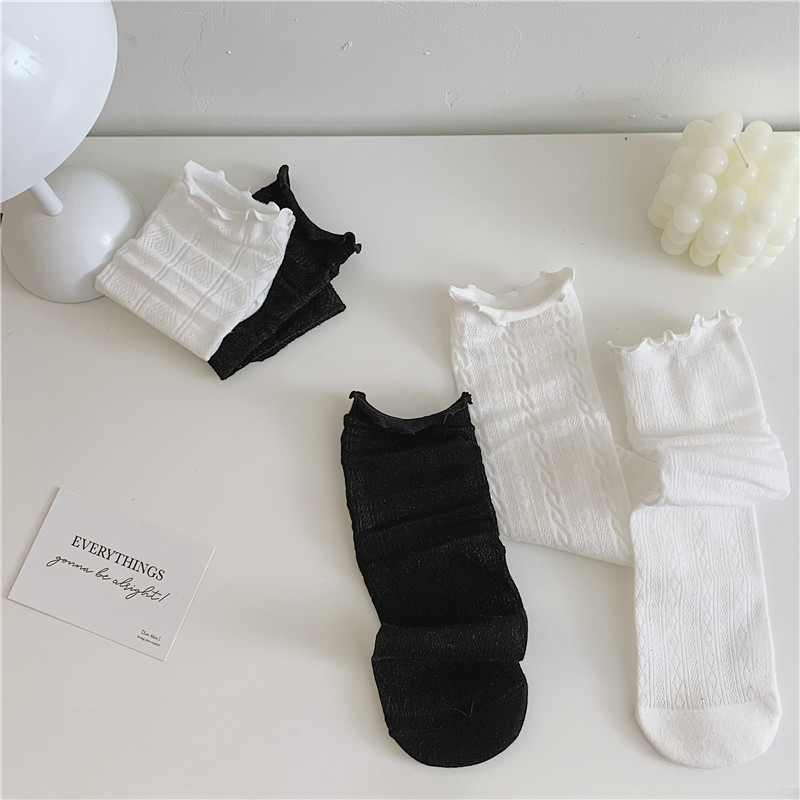 JK Style Socks Women's Spring and Summer Ultra-Thin Lolita Female Clothes in Black and White Tube Socks Twist Diamond Lattice Stockings Ins Fashion