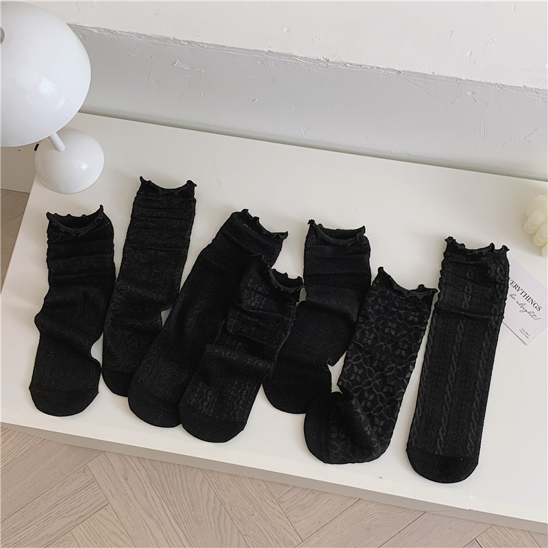 JK Style Socks Women's Spring and Summer Ultra-Thin Lolita Female Clothes in Black and White Tube Socks Twist Diamond Lattice Stockings Ins Fashion