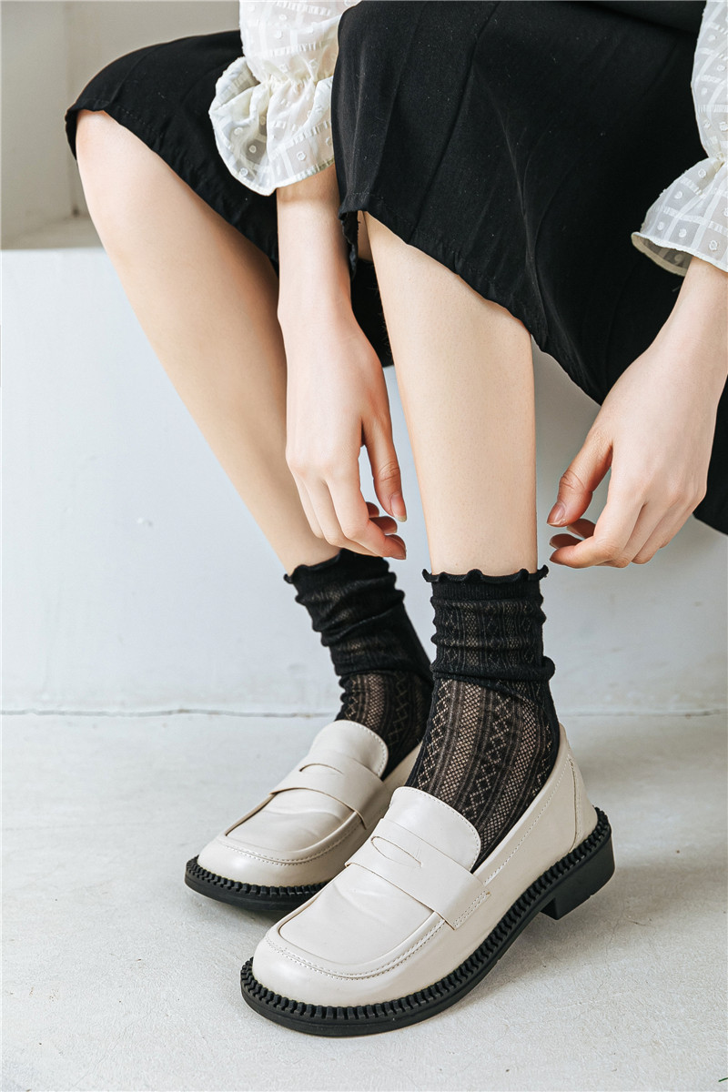 JK Style Socks Women's Spring and Summer Ultra-Thin Lolita Female Clothes in Black and White Tube Socks Twist Diamond Lattice Stockings Ins Fashion