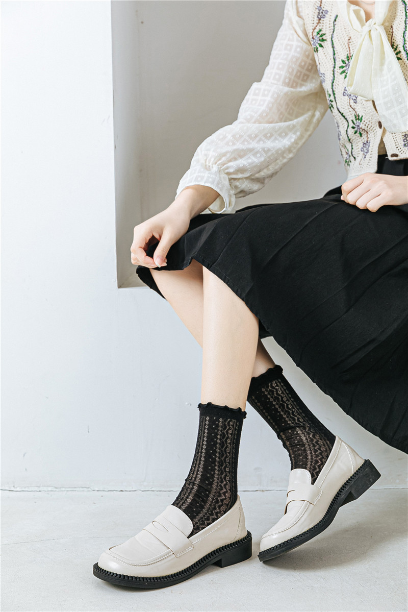 JK Style Socks Women's Spring and Summer Ultra-Thin Lolita Female Clothes in Black and White Tube Socks Twist Diamond Lattice Stockings Ins Fashion